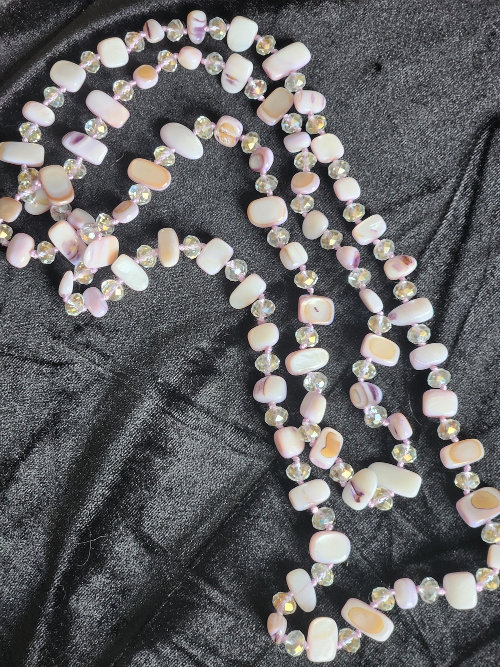 Artisan Lavender and Iridescent AB Beaded Extra Long Layered Necklace Hand Knot - Picture 5 of 5